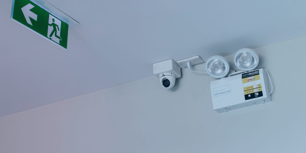 placa verde de saída e luminária de emergência